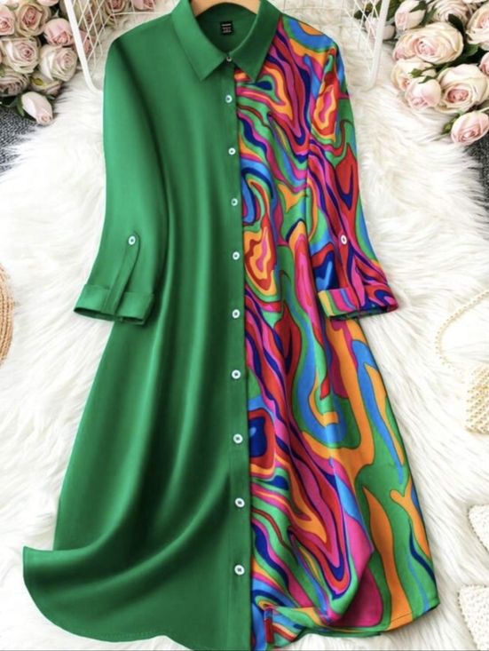 Temu Dresses & Skirts - Green & Multicolor Midi Shirt Dress with Swirl Print